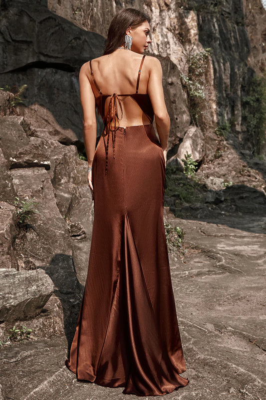 Mermaid lace up coffee satin bridesmaid dress