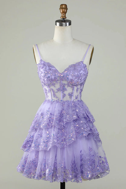 Thin suspender A-line sequined layered tight corset short skirt