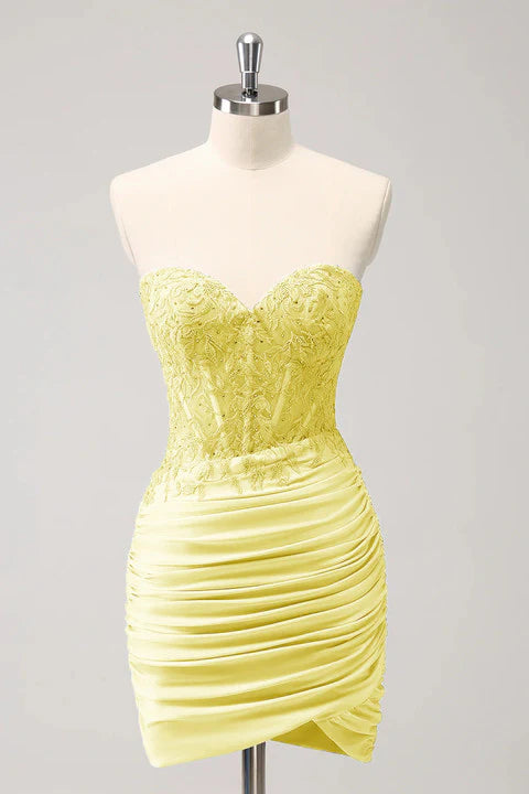 Sleeveless strapless tight fitting sweetheart corset with short pleats and beaded back to school dress