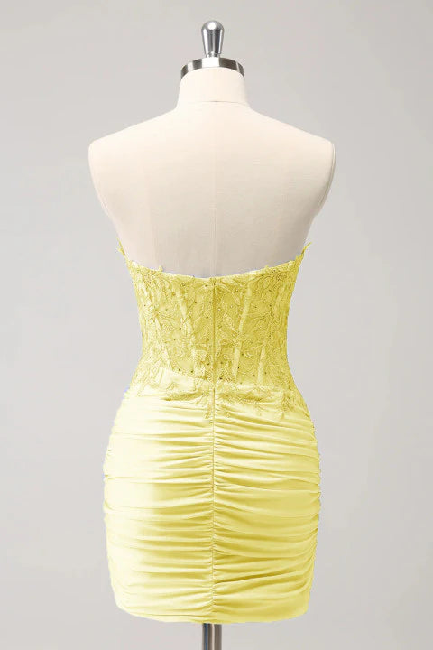 Sleeveless strapless tight fitting sweetheart corset with short pleats and beaded back to school dress