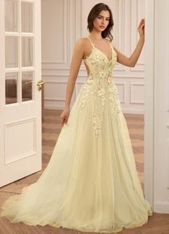 Yellow 3D Floral Applique Open Back A-Line Evening Dresses