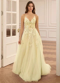 Yellow 3D Floral Applique Open Back A-Line Evening Dresses