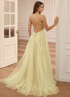 Yellow 3D Floral Applique Open Back A-Line Evening Dresses