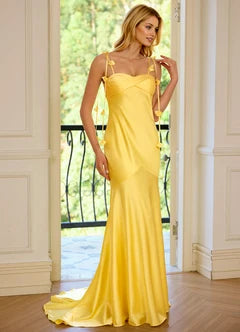 Yellow 3D Floral Tie Strap Sweetheart Mermaid Evening Dresses