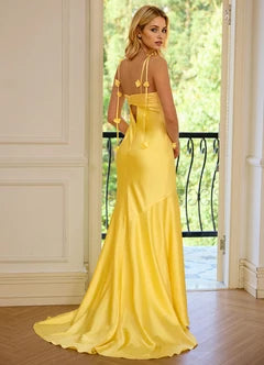 Yellow 3D Floral Tie Strap Sweetheart Mermaid Evening Dresses