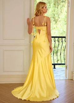 Yellow 3D Floral Tie Strap Sweetheart Mermaid Evening Dresses