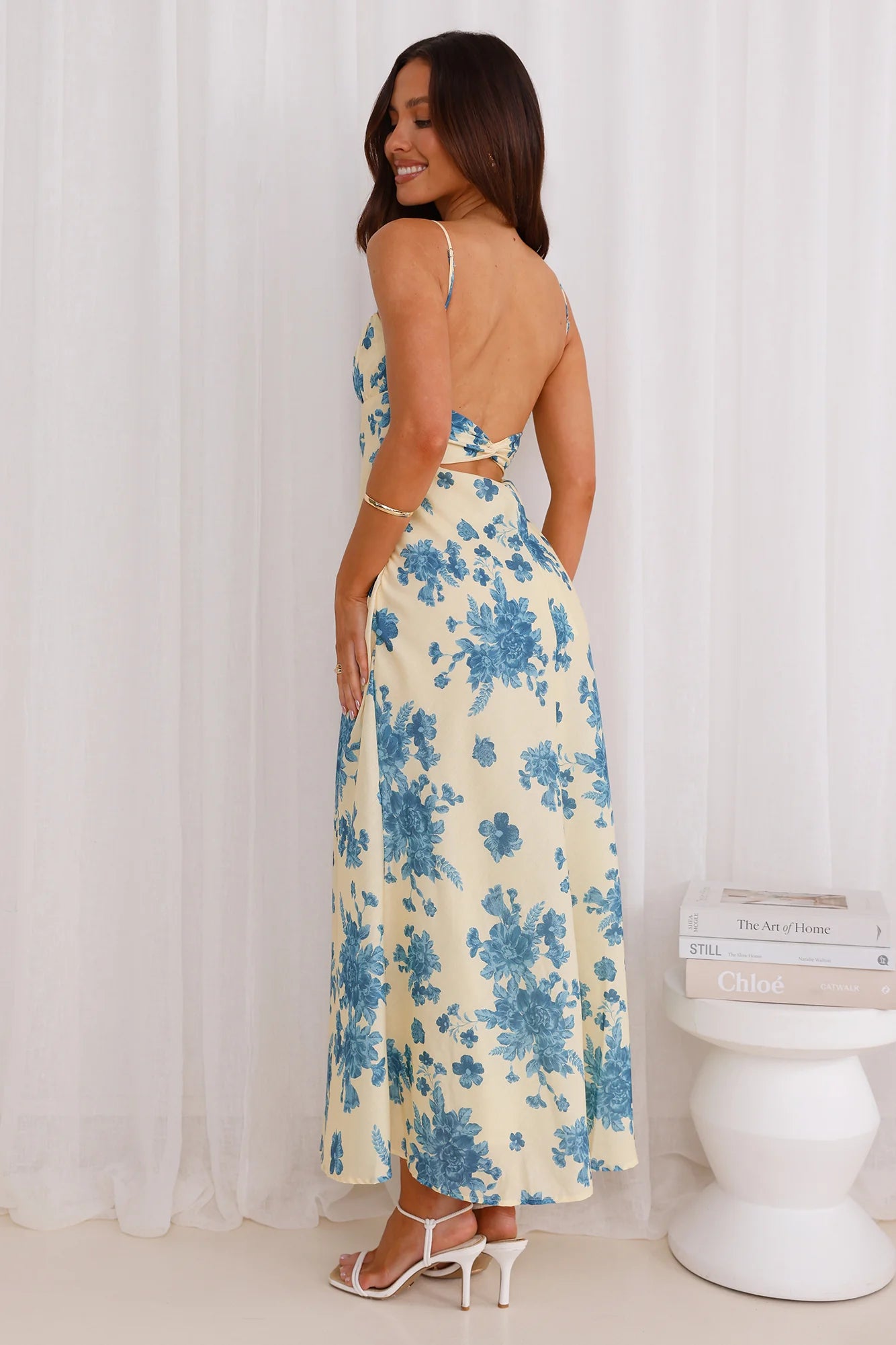 Yellow Blue Floral Spaghetti Strap Back Twist Maxi Evening Dresses