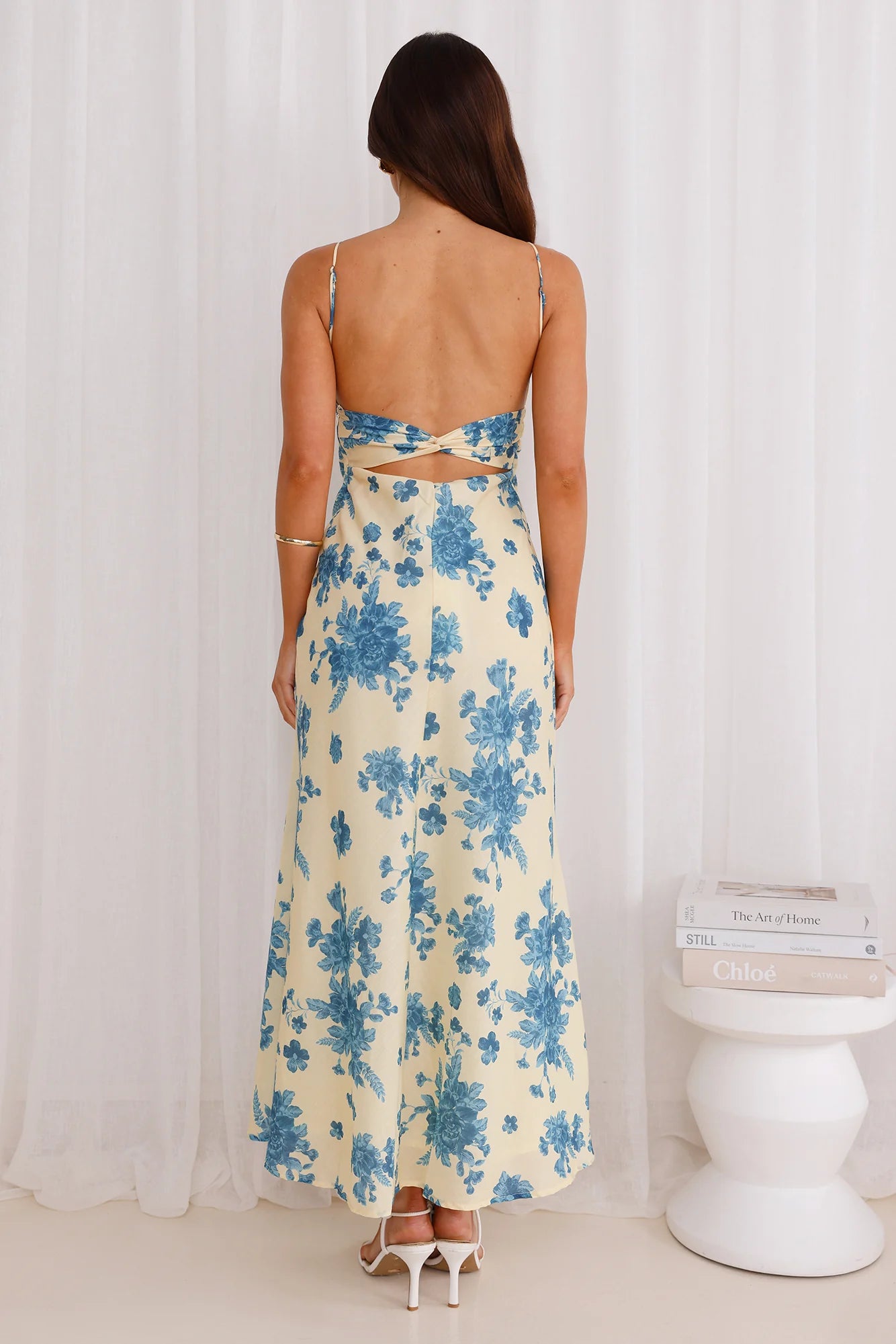 Yellow Blue Floral Spaghetti Strap Back Twist Maxi Evening Dresses