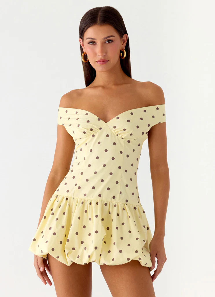 Yellow Brown Polka Dot Off Shoulder Backless Ruffle Mini Dress For Elegant Casual Party Events