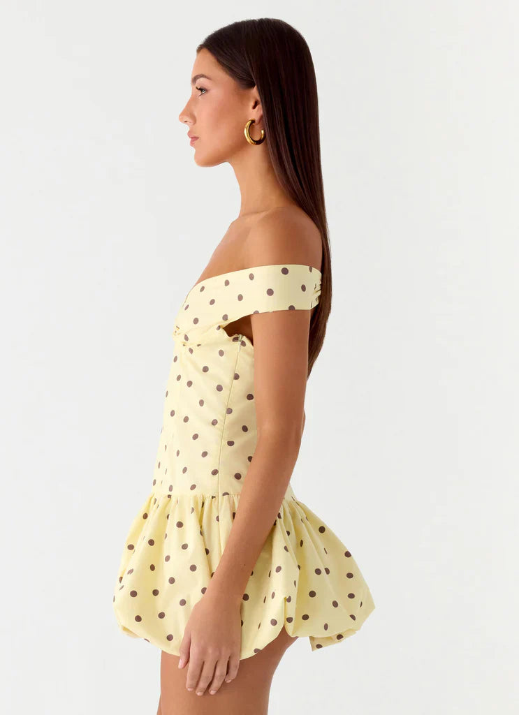 Yellow Brown Polka Dot Off Shoulder Backless Ruffle Mini Dress For Elegant Casual Party Events