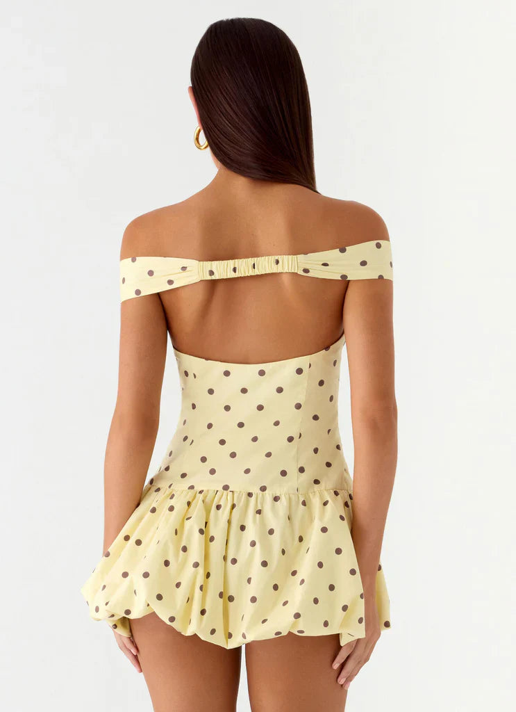 Yellow Brown Polka Dot Off Shoulder Backless Ruffle Mini Dress For Elegant Casual Party Events