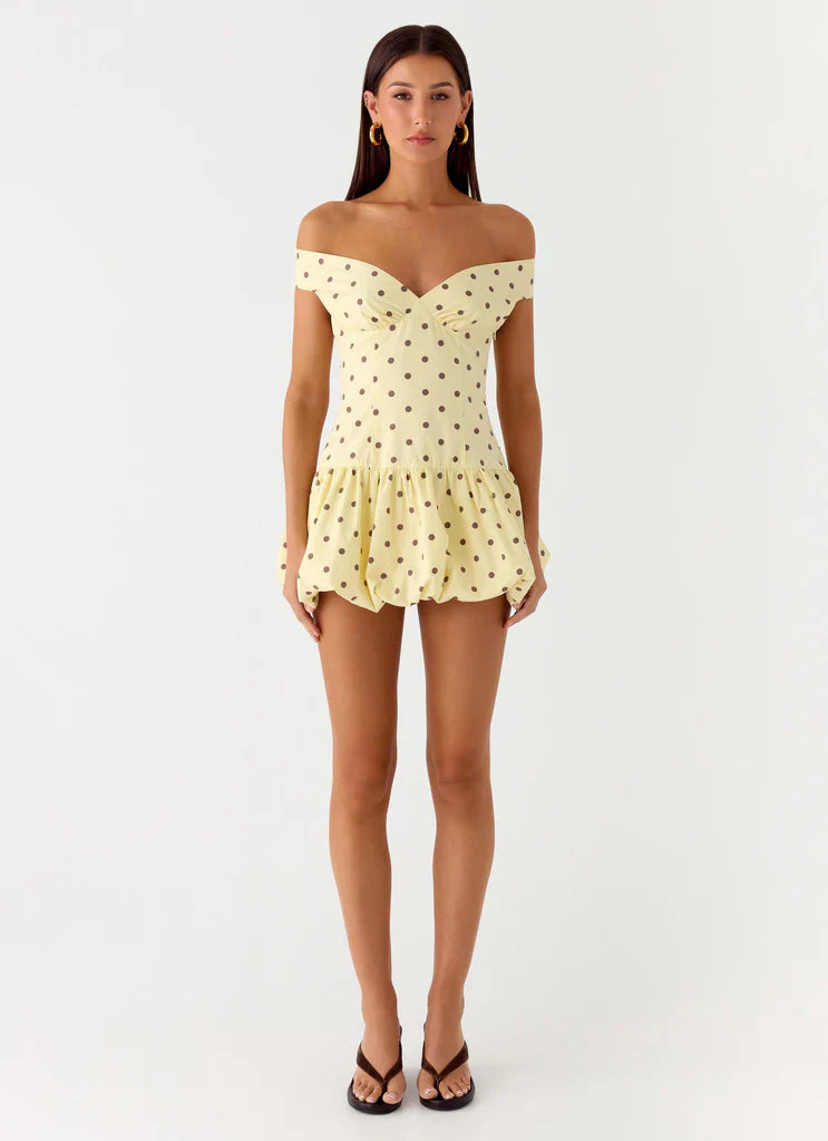 Yellow Brown Polka Dot Off Shoulder Backless Ruffle Mini Dress For Elegant Casual Party Events