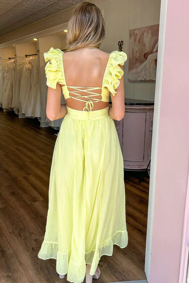 Yellow Chiffon Ruffle Strap Lace Up Back Midi Prom Dress