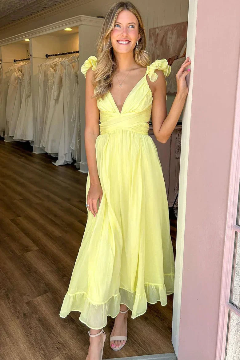 Yellow Chiffon Ruffle Strap Lace Up Back Midi Prom Dress