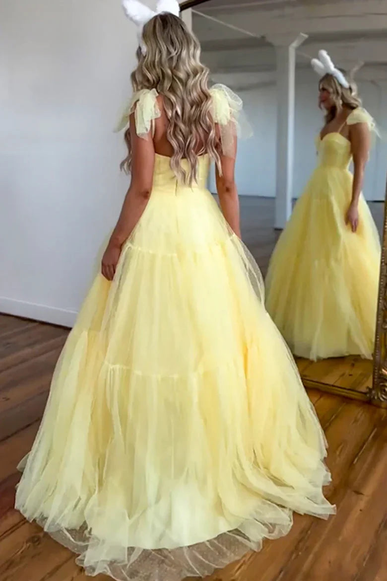 Yellow Dot Tulle Ball Gown with Sweetheart Neckline & Ruffle Shoulder Straps