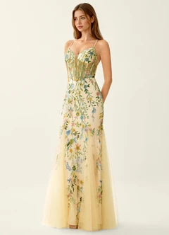Yellow Floral Embroidered Tulle Corset Lace Up Back Maxi Evening Dresses