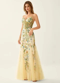 Yellow Floral Embroidered Tulle Corset Lace Up Back Maxi Evening Dresses