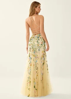 Yellow Floral Embroidered Tulle Corset Lace Up Back Maxi Evening Dresses