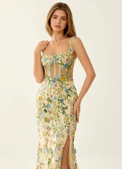 Yellow Floral Embroidered Tulle Corset Lace Up Back Slit Maxi Evening Dresses