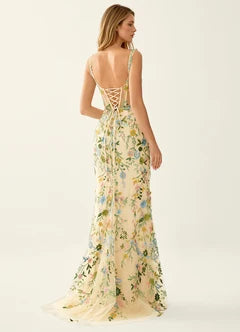 Yellow Floral Embroidered Tulle Corset Lace Up Back Slit Maxi Evening Dresses