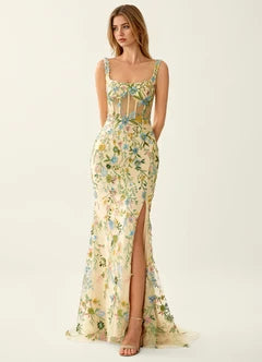 Yellow Floral Embroidered Tulle Corset Lace Up Back Slit Maxi Evening Dresses
