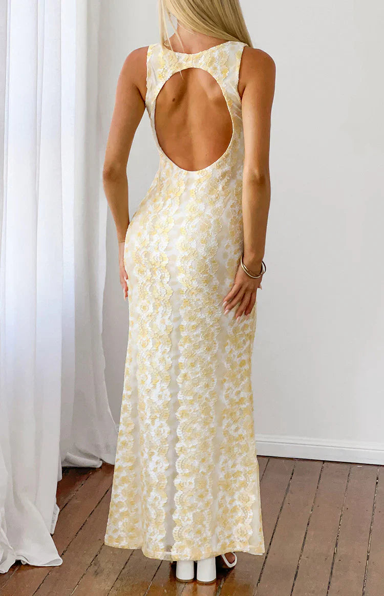 Yellow Floral Lace V-Neck Open Back Sleeveless Mermaid Evening Dresses
