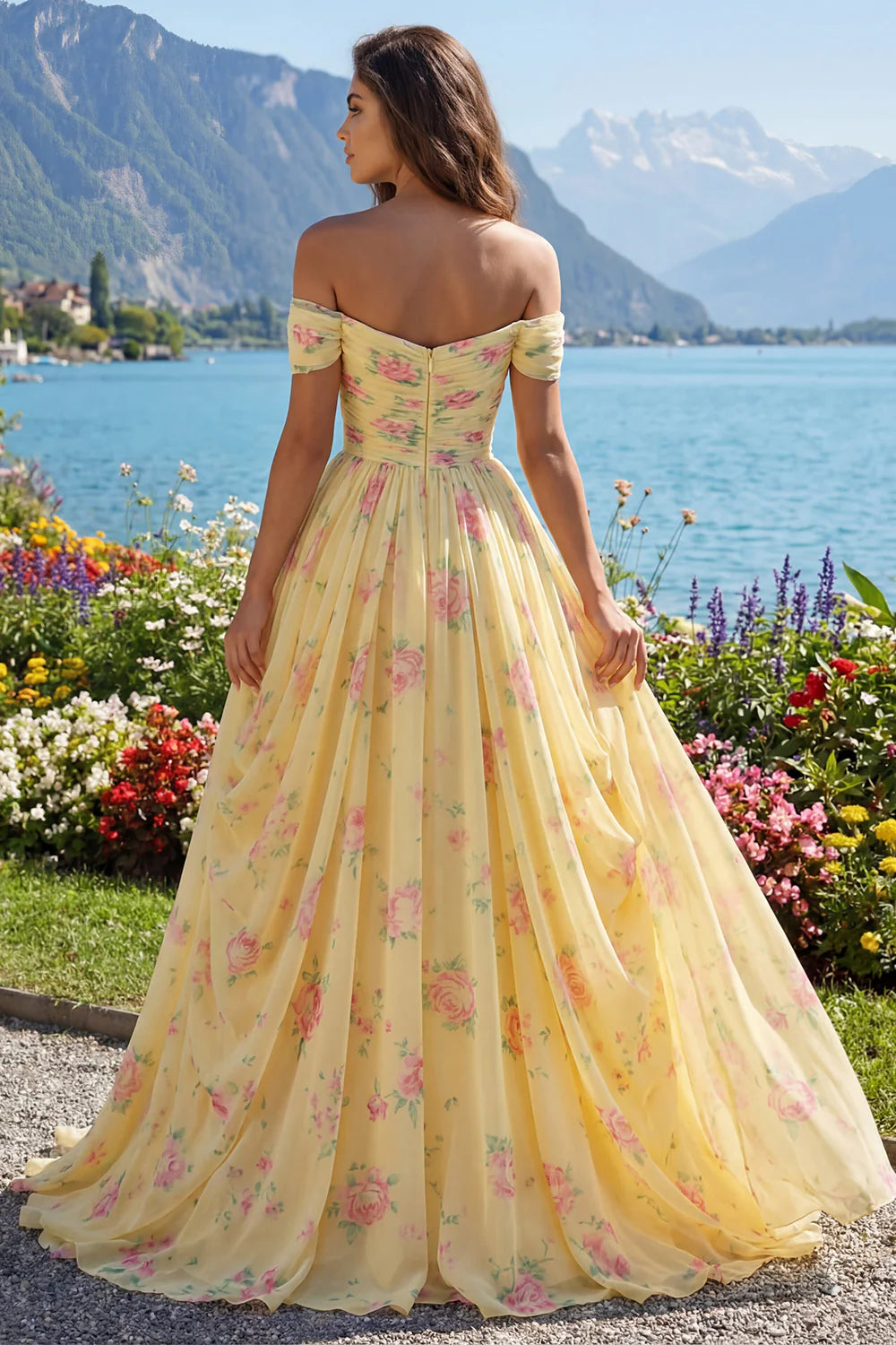 Yellow Floral Print Off-the-Shoulder Chiffon A-Line Evening Dresses