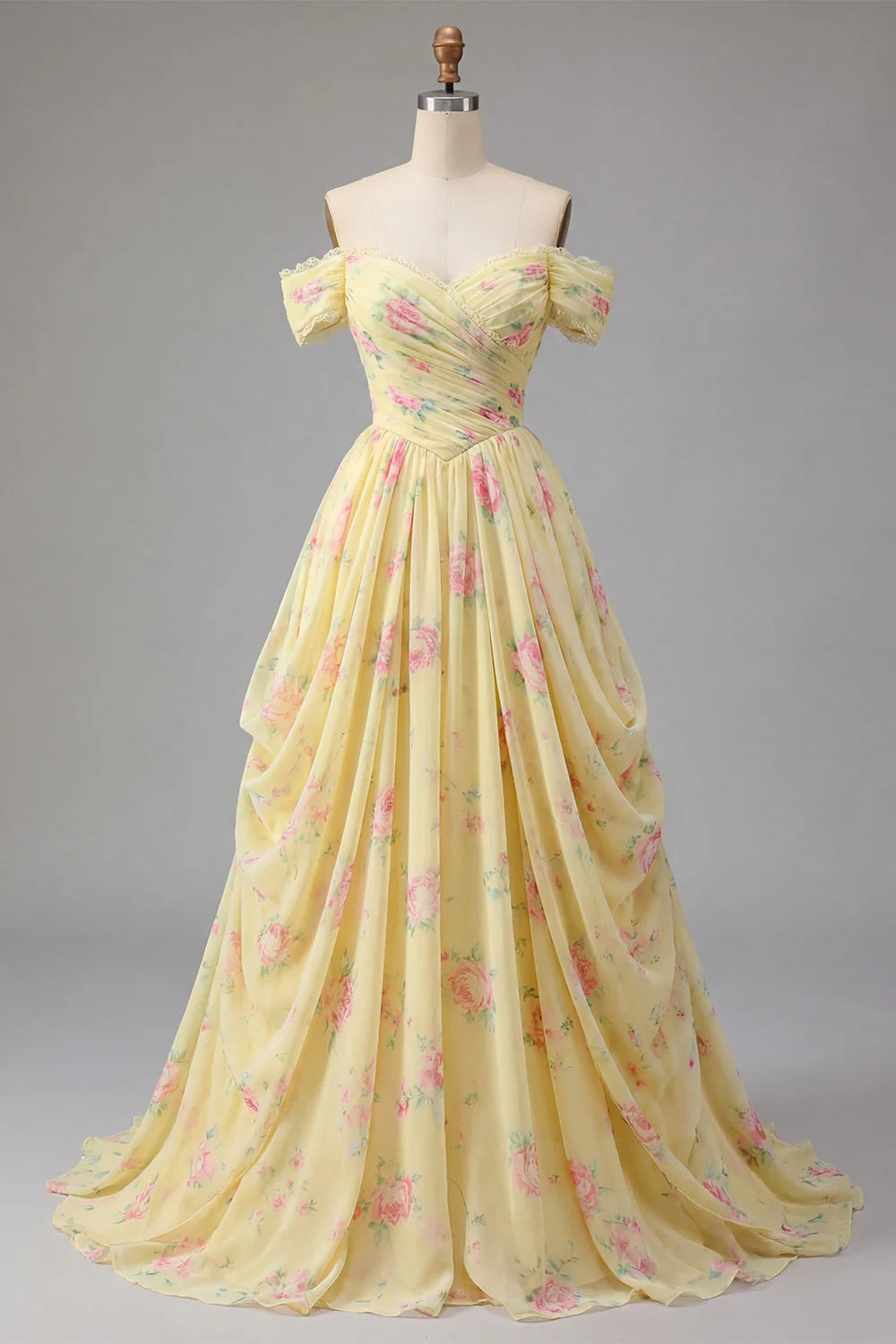 Yellow Floral Print Off-the-Shoulder Chiffon A-Line Evening Dresses