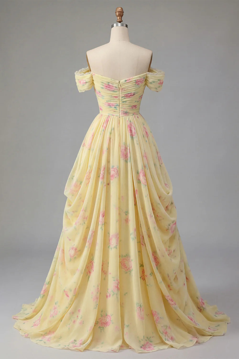 Yellow Floral Print Off-the-Shoulder Chiffon A-Line Evening Dresses