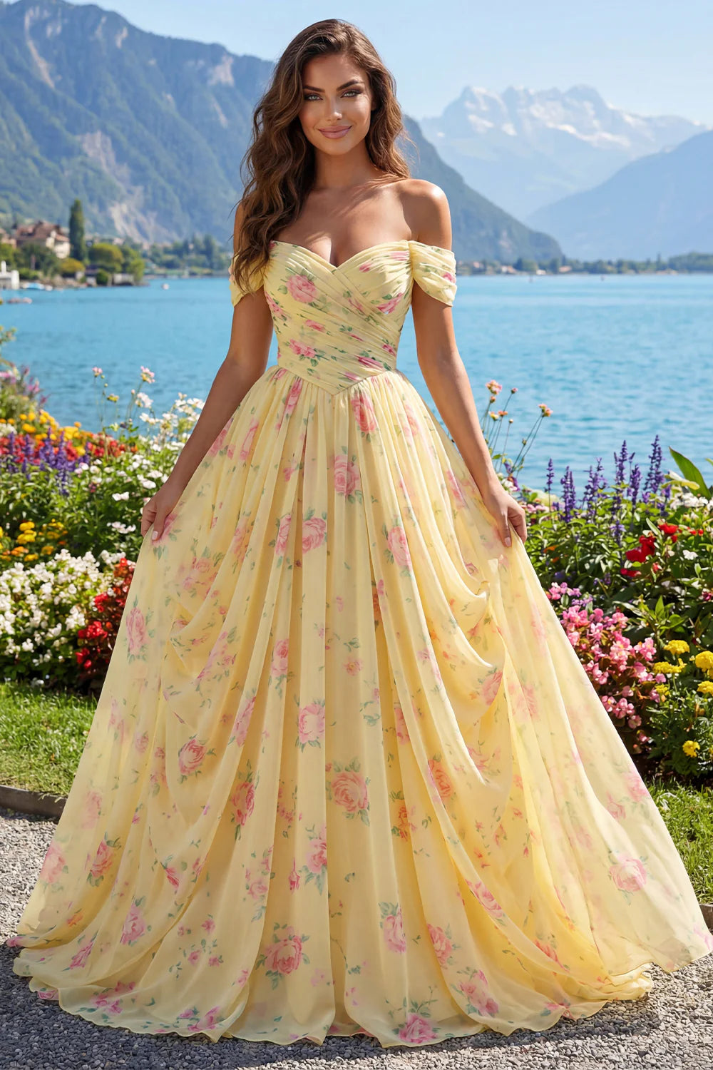 Yellow Floral Print Off-the-Shoulder Chiffon A-Line Evening Dresses