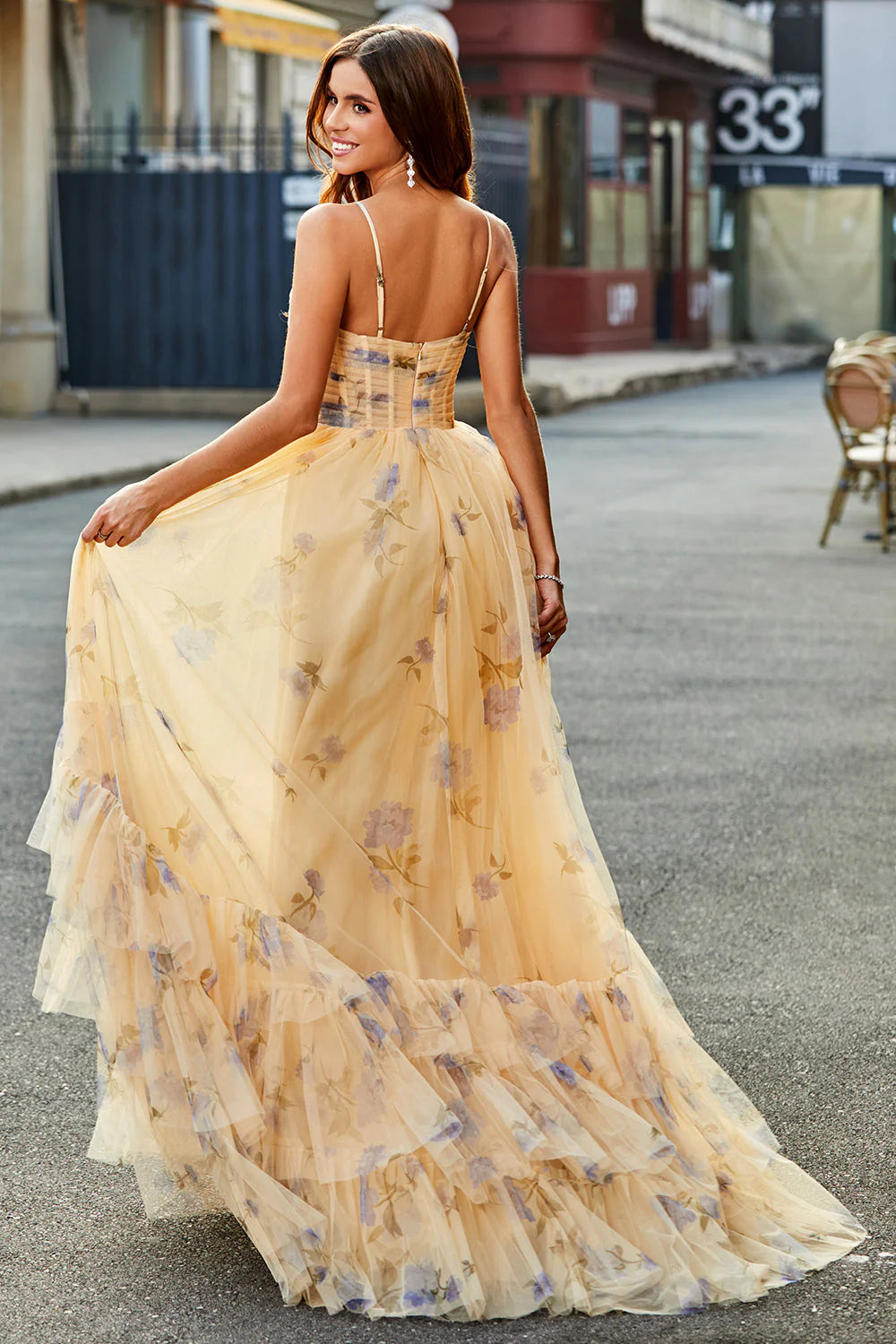 Yellow Floral Print Strapless Tiered Tulle Evening Dress