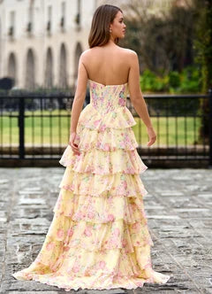 Yellow Floral Print Tulle Strapless Ruffle High Slit Maxi Evening Dresses