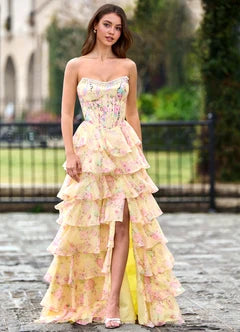 Yellow Floral Print Tulle Strapless Ruffle High Slit Maxi Evening Dresses