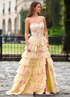 Yellow Floral Print Tulle Strapless Ruffle High Slit Maxi Evening Dresses