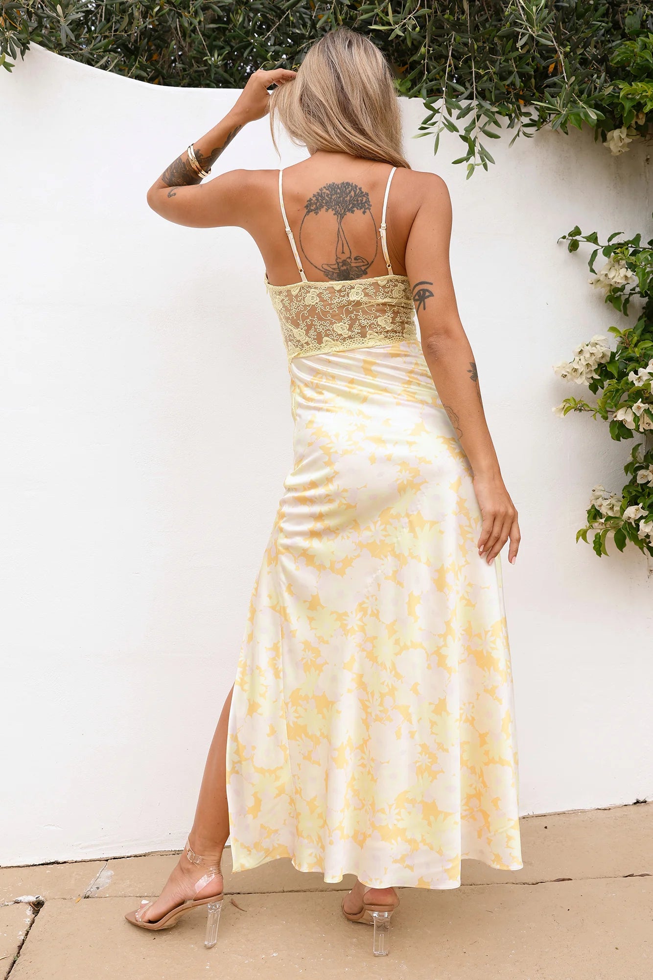 Yellow Floral Satin Lace Trim Midi Evening Dresses