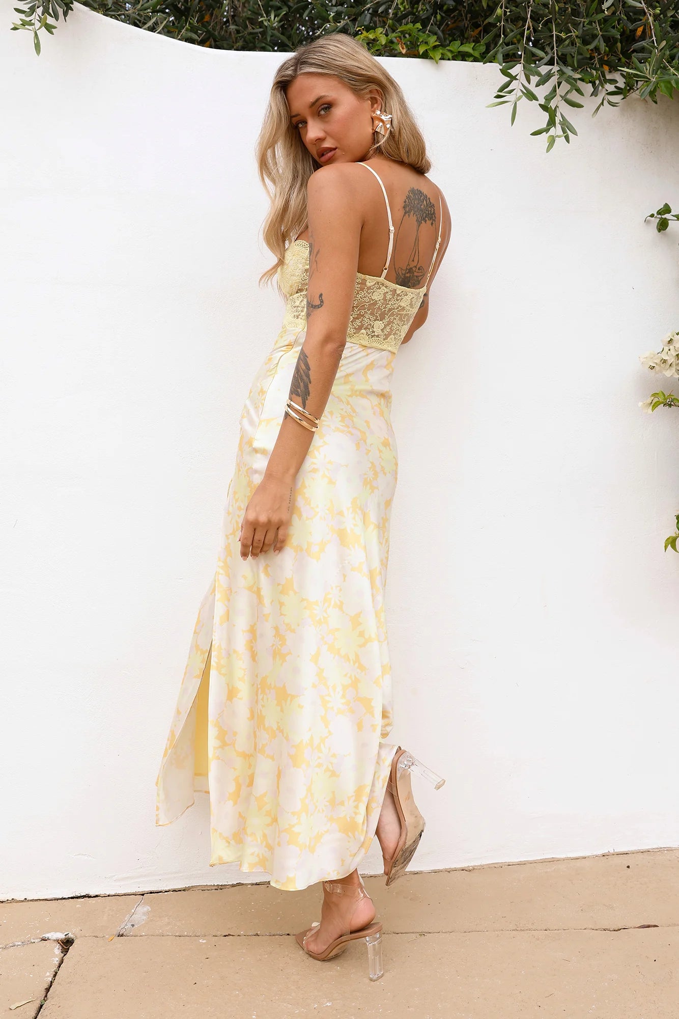 Yellow Floral Satin Lace Trim Midi Evening Dresses