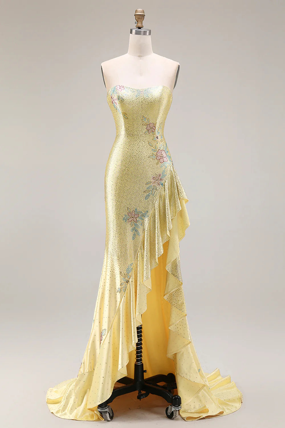 Yellow Floral Sequin Mermaid Evening Dresses