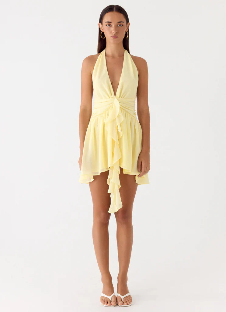 Yellow Halter Neck Backless Ruffle Tie Mini Dress For Elegant Casual Party Events
