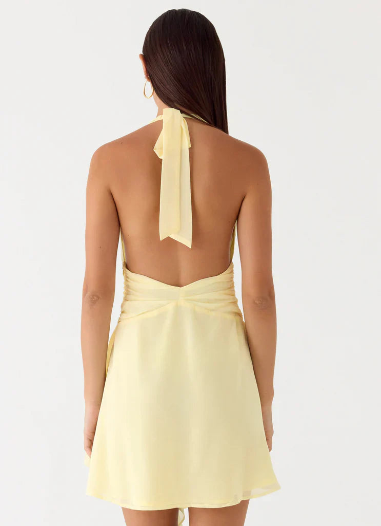 Yellow Halter Neck Backless Ruffle Tie Mini Dress For Elegant Casual Party Events