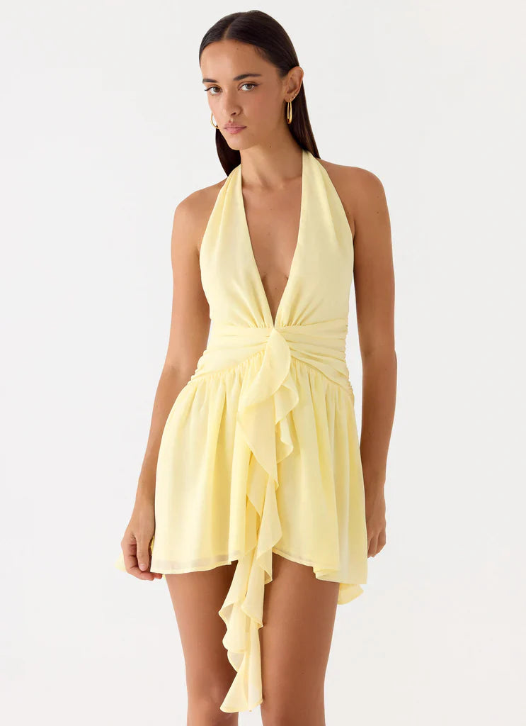 Yellow Halter Neck Backless Ruffle Tie Mini Dress For Elegant Casual Party Events