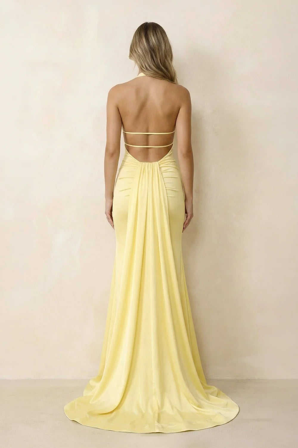 Yellow Halter Neck Open Back Evening Dresses