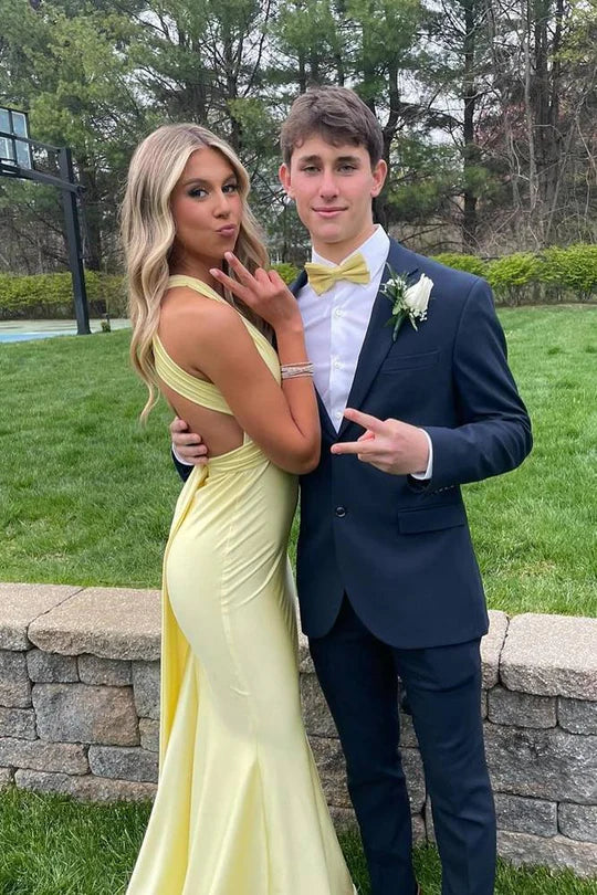 Yellow Halter Satin Mermaid Prom Dress with Open Back and Tie Detail