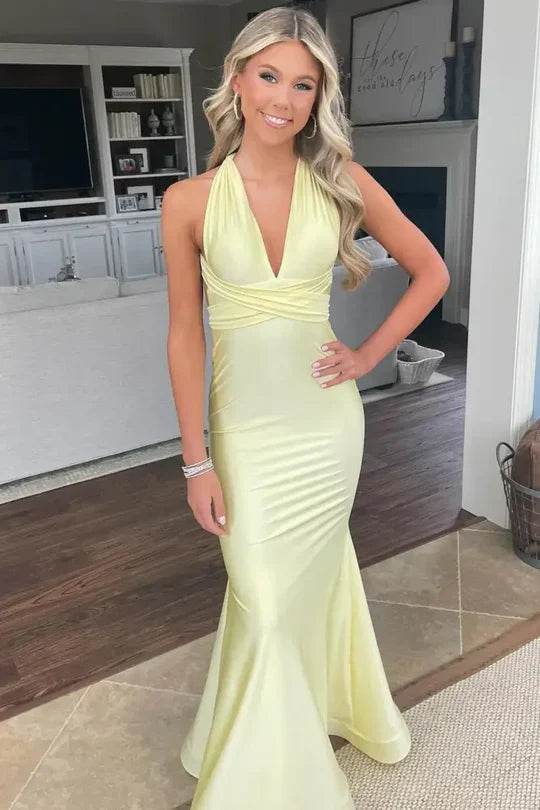 Yellow Halter Satin Mermaid Prom Dress with Open Back and Tie Detail