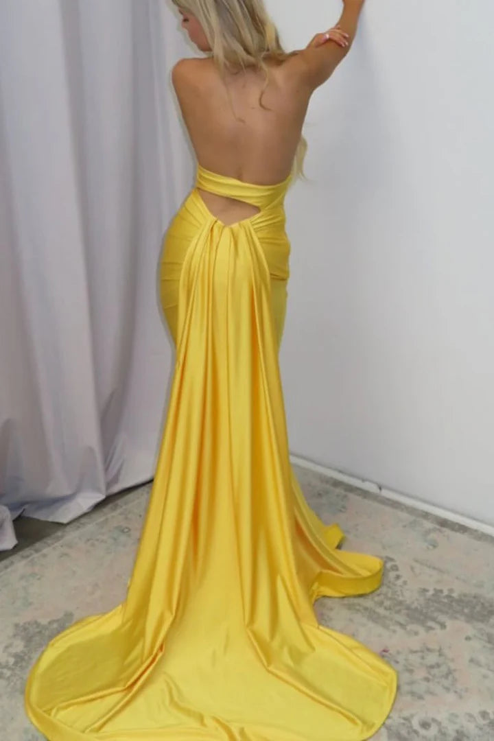 Yellow Halter V-Neck Pleated Satin Mermaid Long Prom Formal Dress