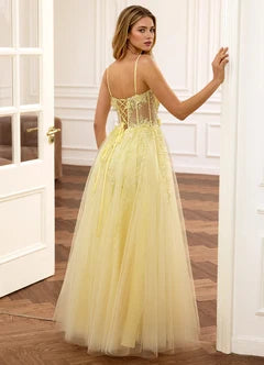 Yellow Lace Applique Sheer Corset A-Line Evening Dresses