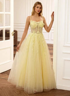 Yellow Lace Applique Sheer Corset A-Line Evening Dresses