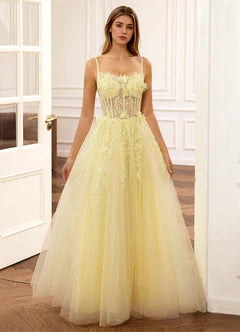 Yellow Lace Applique Sheer Corset A-Line Evening Dresses