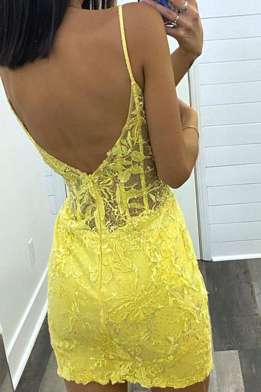 Yellow Lace Straps Bodycon Party Dress