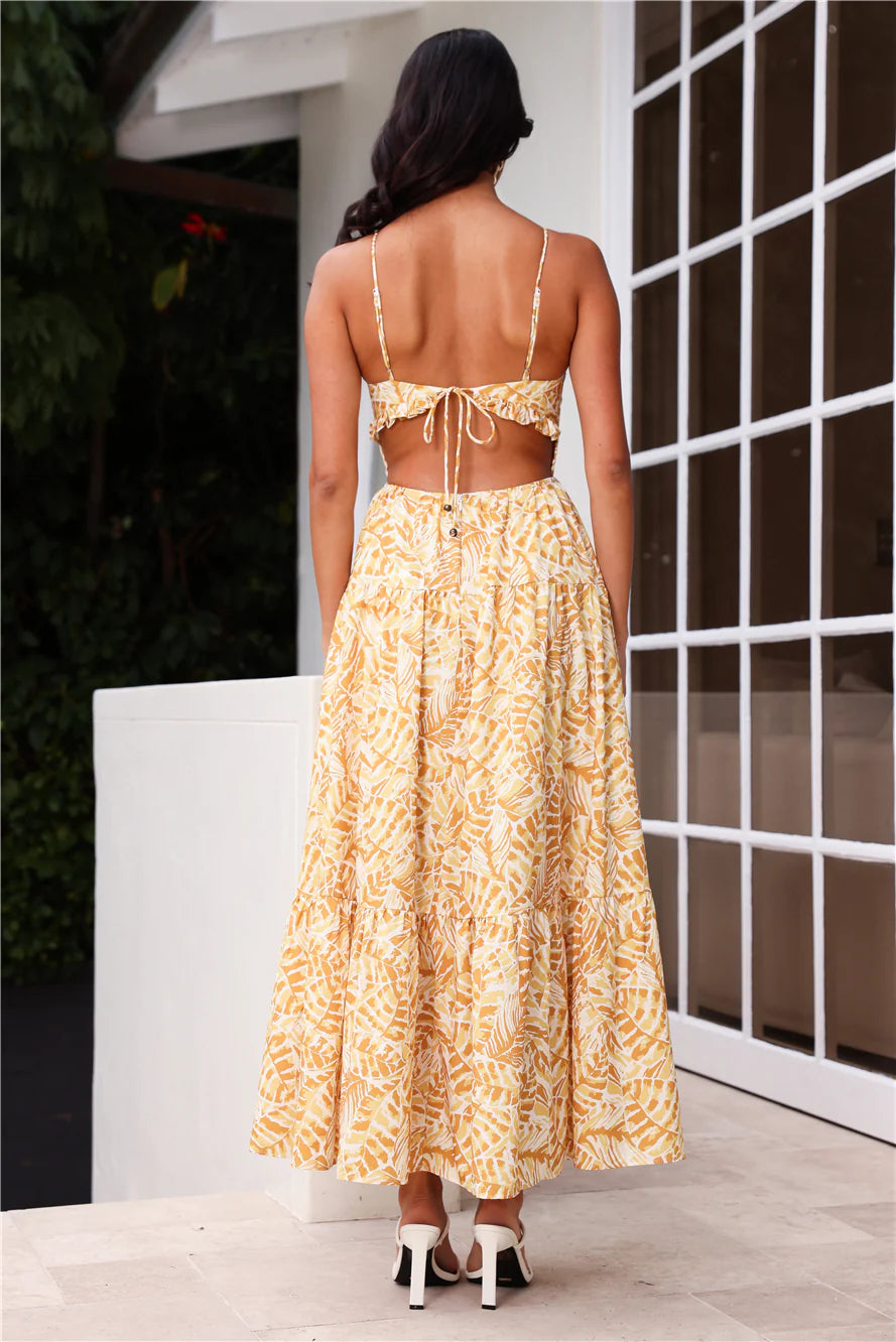 Yellow Leaf Print Halter Backless Tiered Maxi Evening Dresses