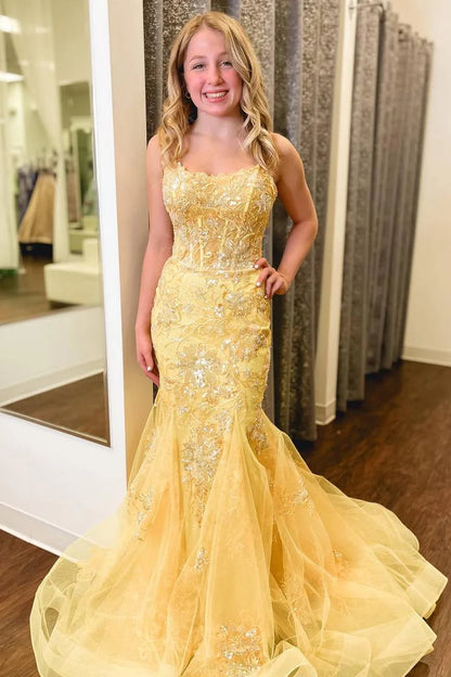 Yellow Mermaid Straps Appliques Sleeveless Prom Dress with Train